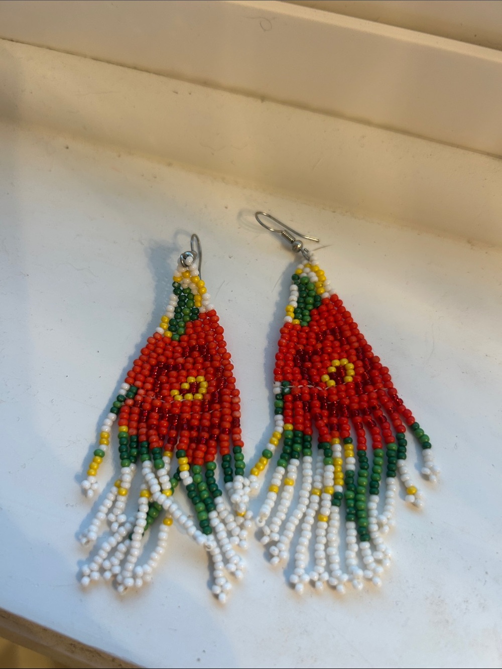 Free People Red Floral Beaded Fringe Earrings with Green and White Accents